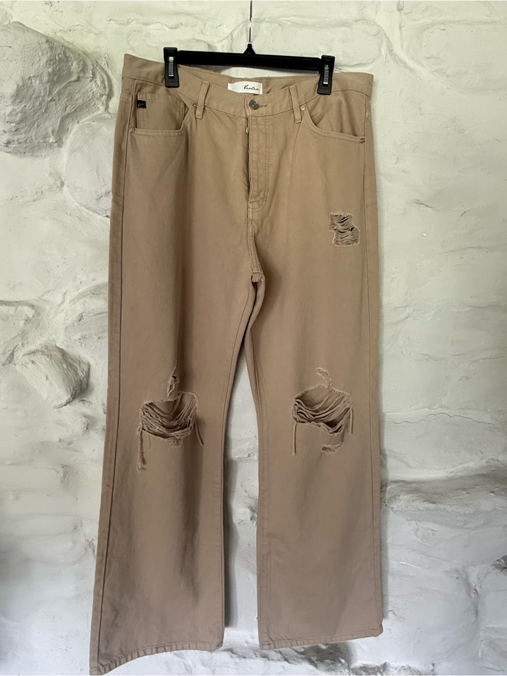 KanCan Women's Straight Leg Jeans in Khaki Tan Distressed Knees Like New 15/31